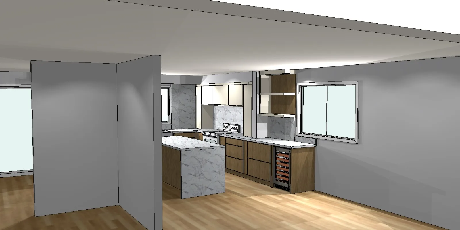 A 3D design model of the kitchen: stone island, wood lower cabinets and open shelving.