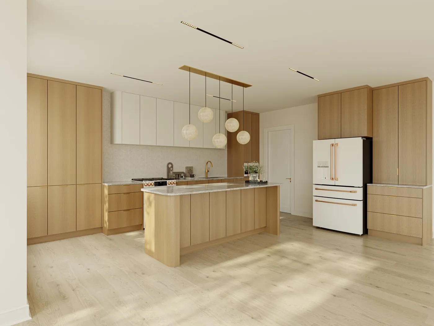The kitchen rendering: full-height oak cabinets and an island under globe pendants.