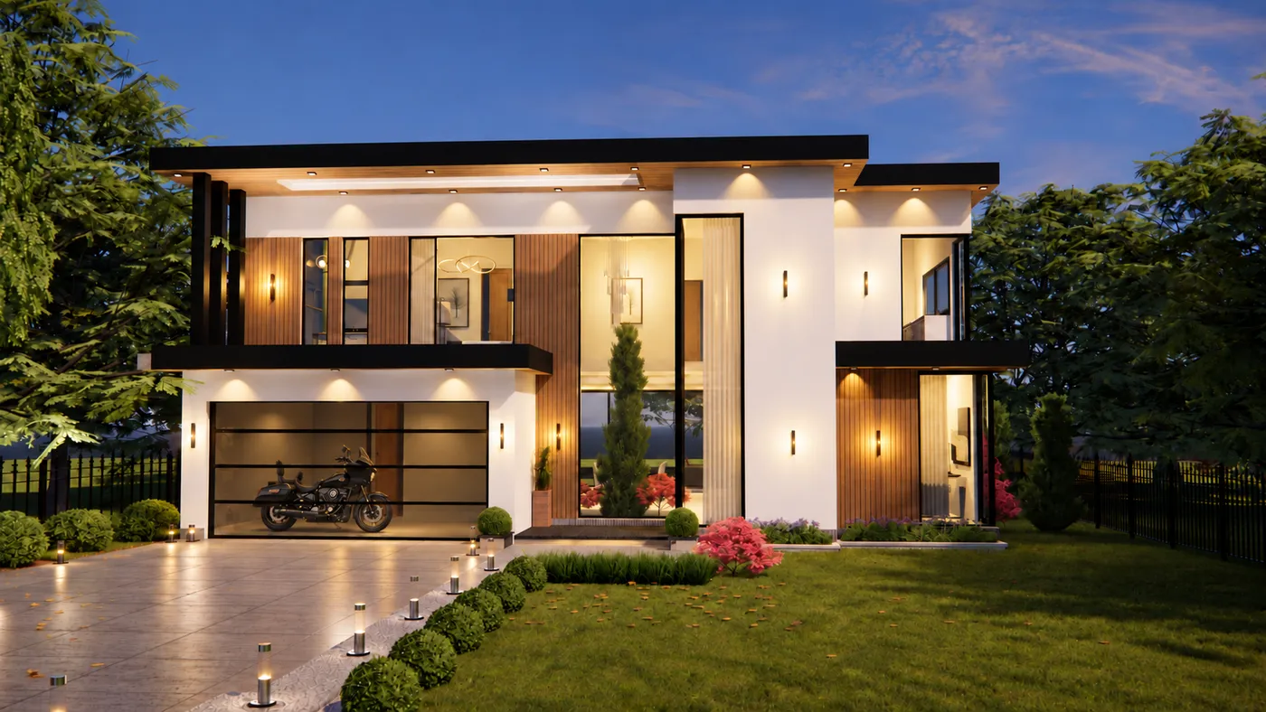 A rendering of a two-storey modern house at dusk, white stone and dark trim with a flat roof.