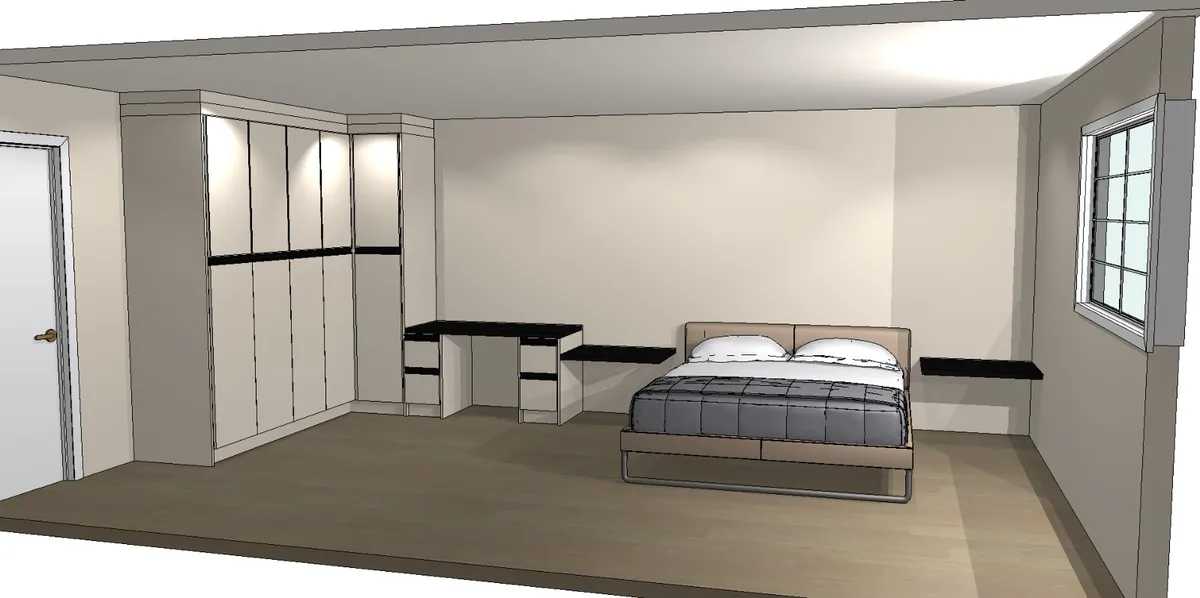A 3D design model of the primary bedroom with built-in wardrobes and a vanity.