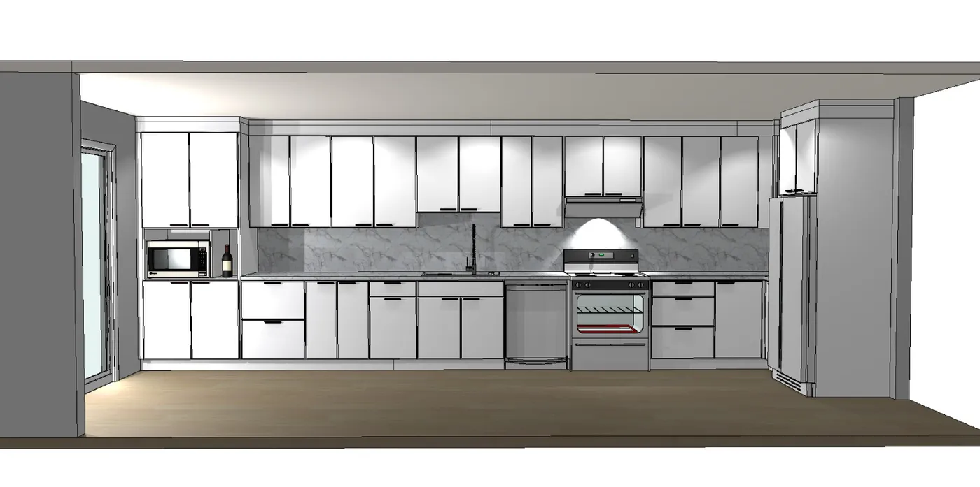 A design elevation of the kitchen wall: cabinets, range and fridge.
